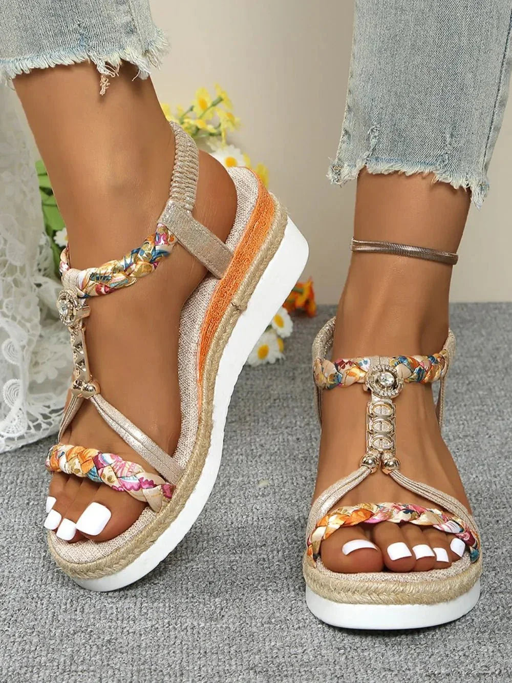 Contrast Woven Wedge Sandals - VILLA FASHION