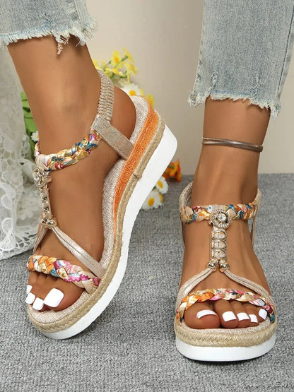 Contrast Woven Wedge Sandals - VILLA FASHION