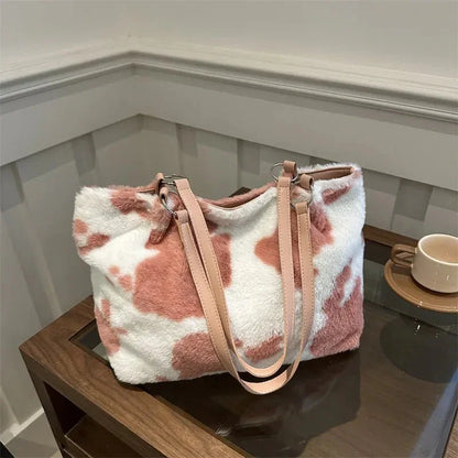 Cow Print Furry Tote Bag - VILLA FASHION
