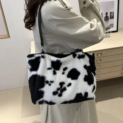 Cow Print Furry Tote Bag - VILLA FASHION