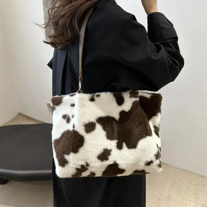 Cow Print Furry Tote Bag - VILLA FASHION