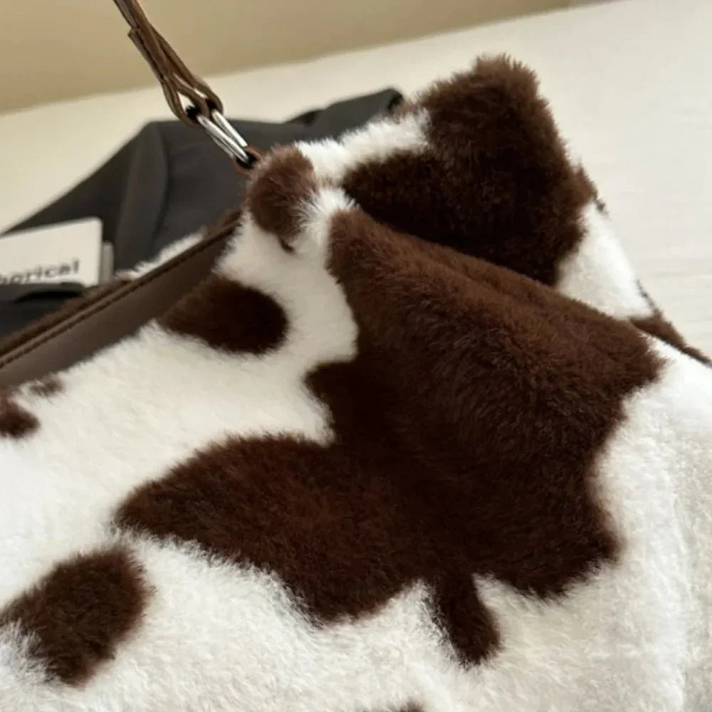Cow Print Furry Tote Bag - VILLA FASHION