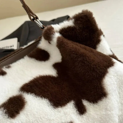 Cow Print Furry Tote Bag - VILLA FASHION