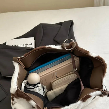 Cow Print Furry Tote Bag - VILLA FASHION