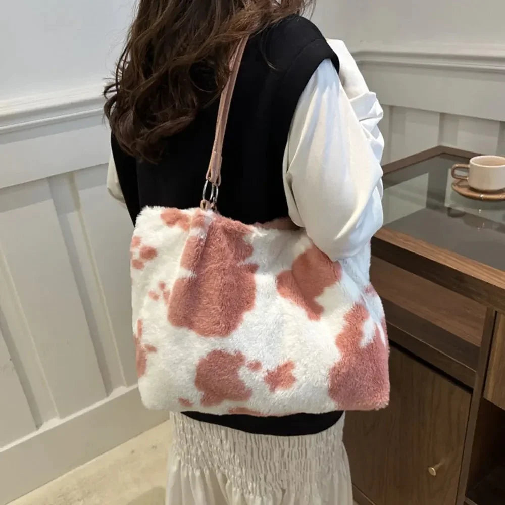 Cow Print Furry Tote Bag - VILLA FASHION