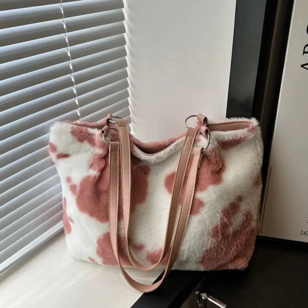 Cow Print Furry Tote Bag - VILLA FASHION