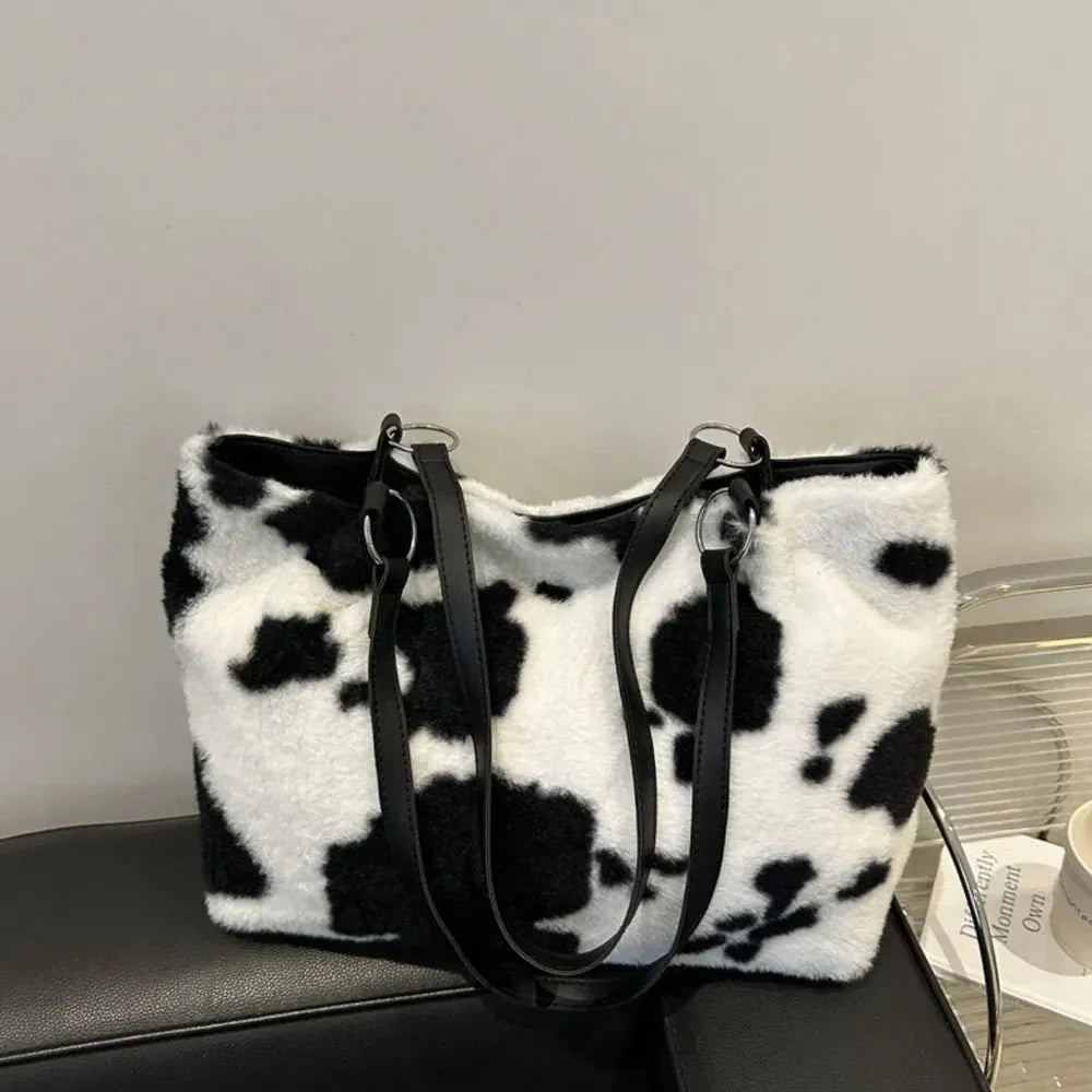Cow Print Furry Tote Bag - VILLA FASHION