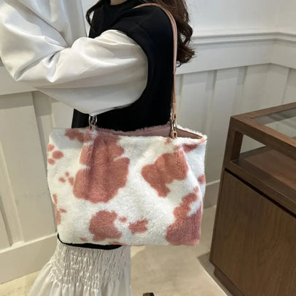 Cow Print Furry Tote Bag - VILLA FASHION