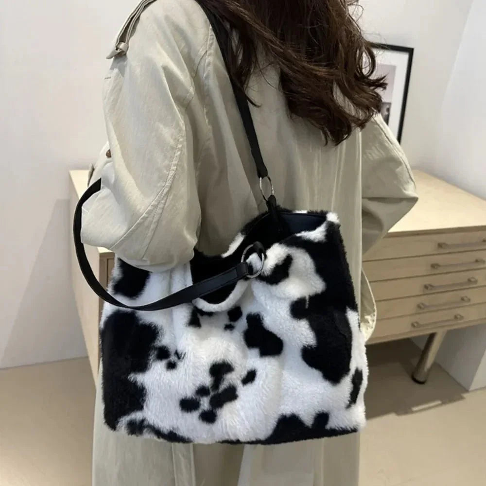 Cow Print Furry Tote Bag - VILLA FASHION