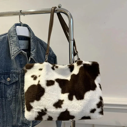 Cow Print Furry Tote Bag - VILLA FASHION