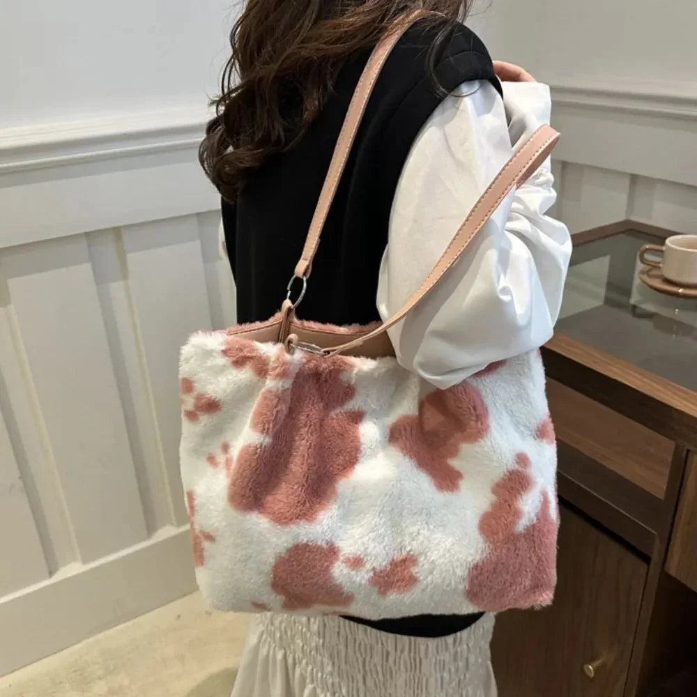 Cow Print Furry Tote Bag - VILLA FASHION
