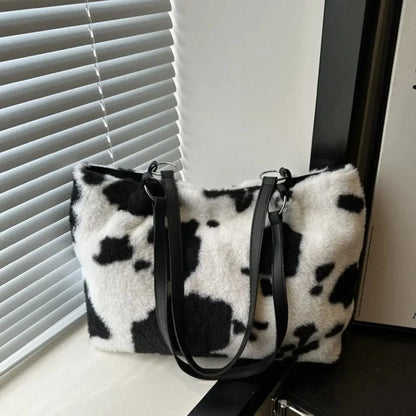 Cow Print Furry Tote Bag - VILLA FASHION