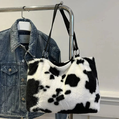 Cow Print Furry Tote Bag - VILLA FASHION