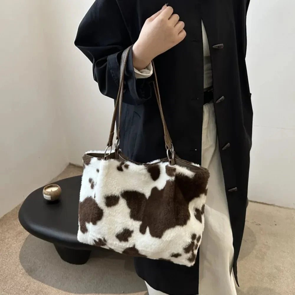 Cow Print Furry Tote Bag - VILLA FASHION