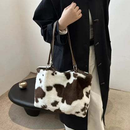 Cow Print Furry Tote Bag - VILLA FASHION
