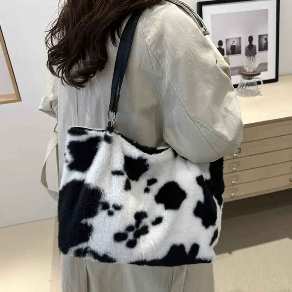 Cow Print Furry Tote Bag - VILLA FASHION