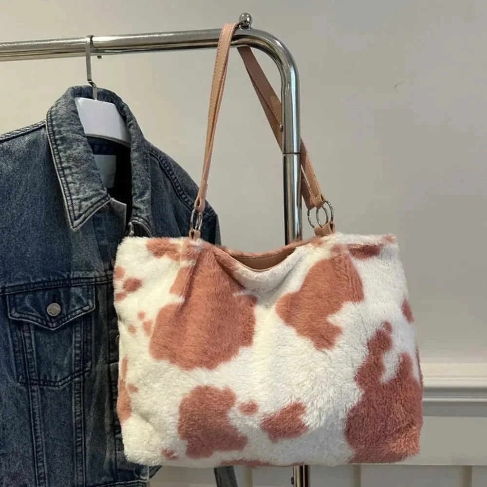 Cow Print Furry Tote Bag - VILLA FASHION
