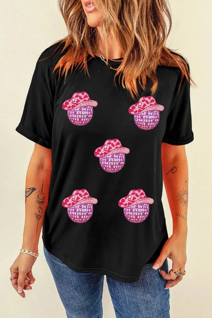 Cowboy Hat Disco Ball Patched Round Neck T-Shirt - VILLA FASHION