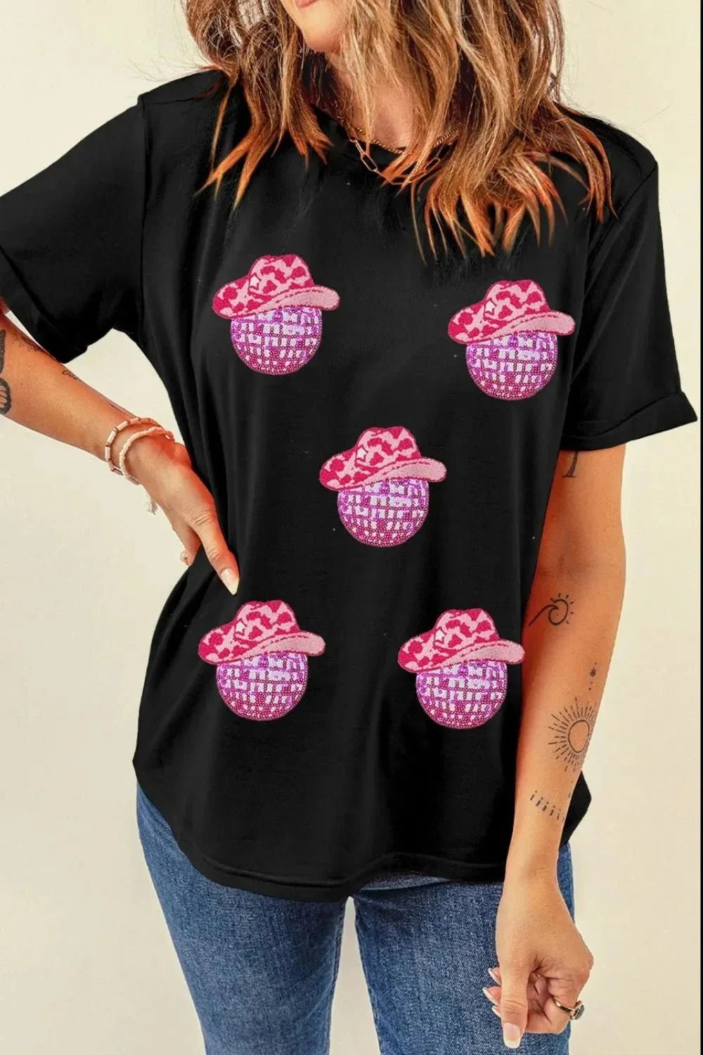 Cowboy Hat Disco Ball Patched Round Neck T-Shirt - VILLA FASHION