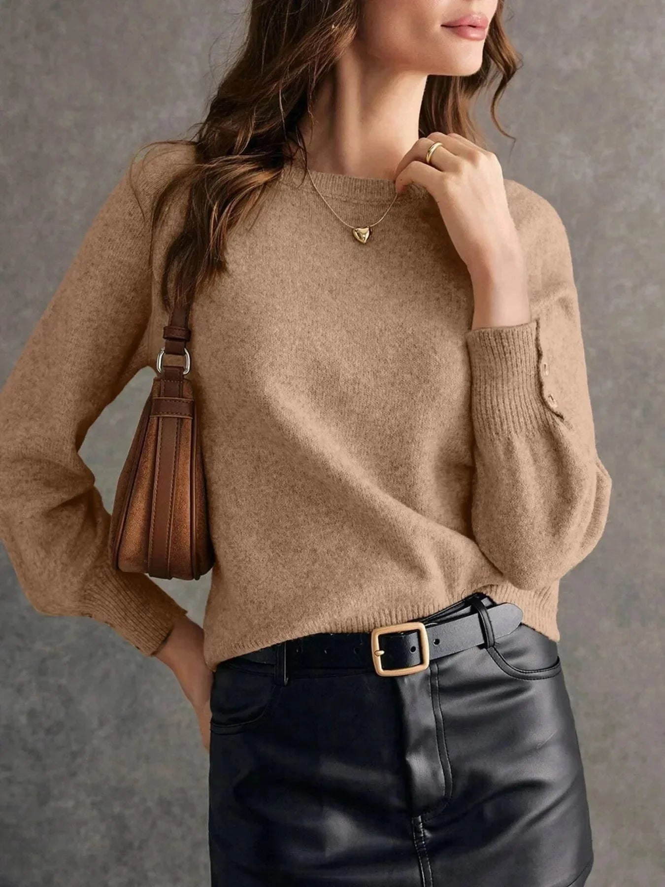 Crew Neck Long Sleeve Sweater - VILLA FASHION