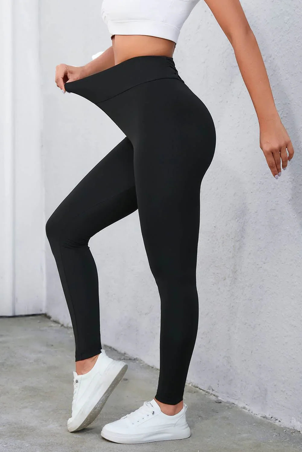 Crisscross Detail Wide Waistband Leggings - VILLA FASHION