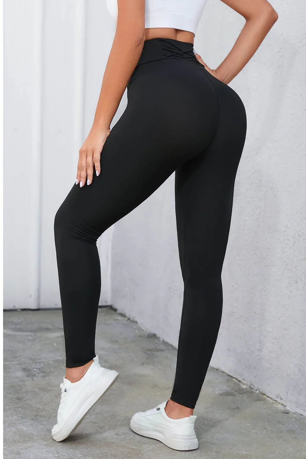 Crisscross Detail Wide Waistband Leggings - VILLA FASHION