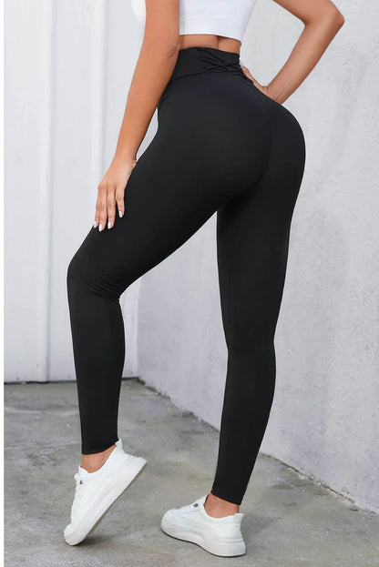 Crisscross Detail Wide Waistband Leggings - VILLA FASHION