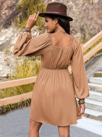 Crochet V - Neck Balloon Sleeve Dress - VILLA FASHION