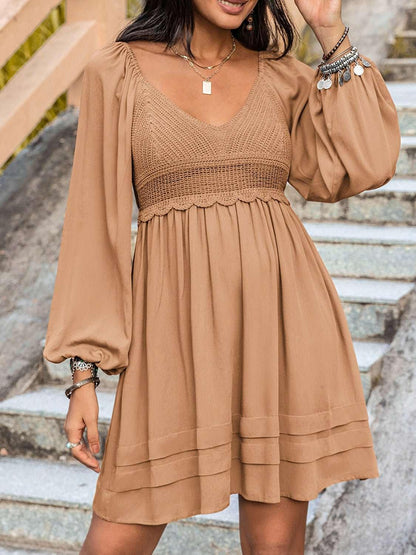 Crochet V - Neck Balloon Sleeve Dress - VILLA FASHION