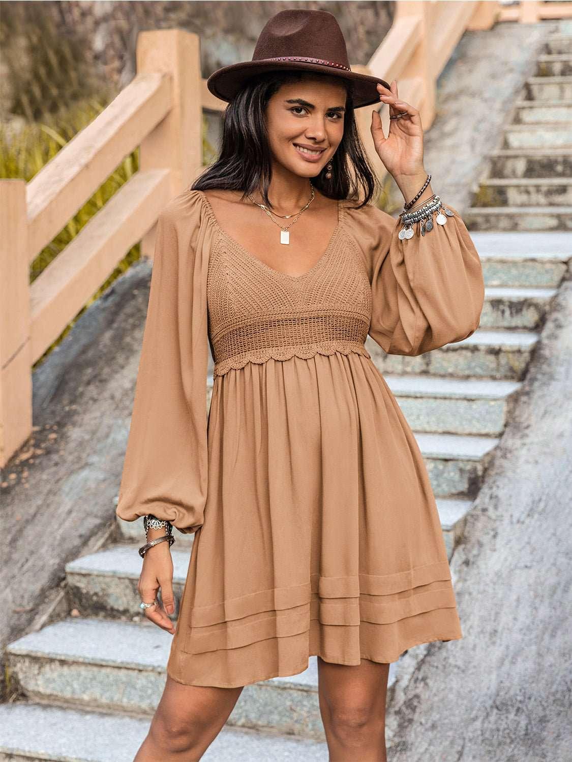 Crochet V - Neck Balloon Sleeve Dress - VILLA FASHION