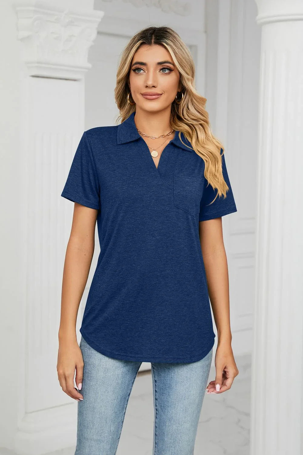 Curved Hem Johnny Collar Polo Shirt - VILLA FASHION