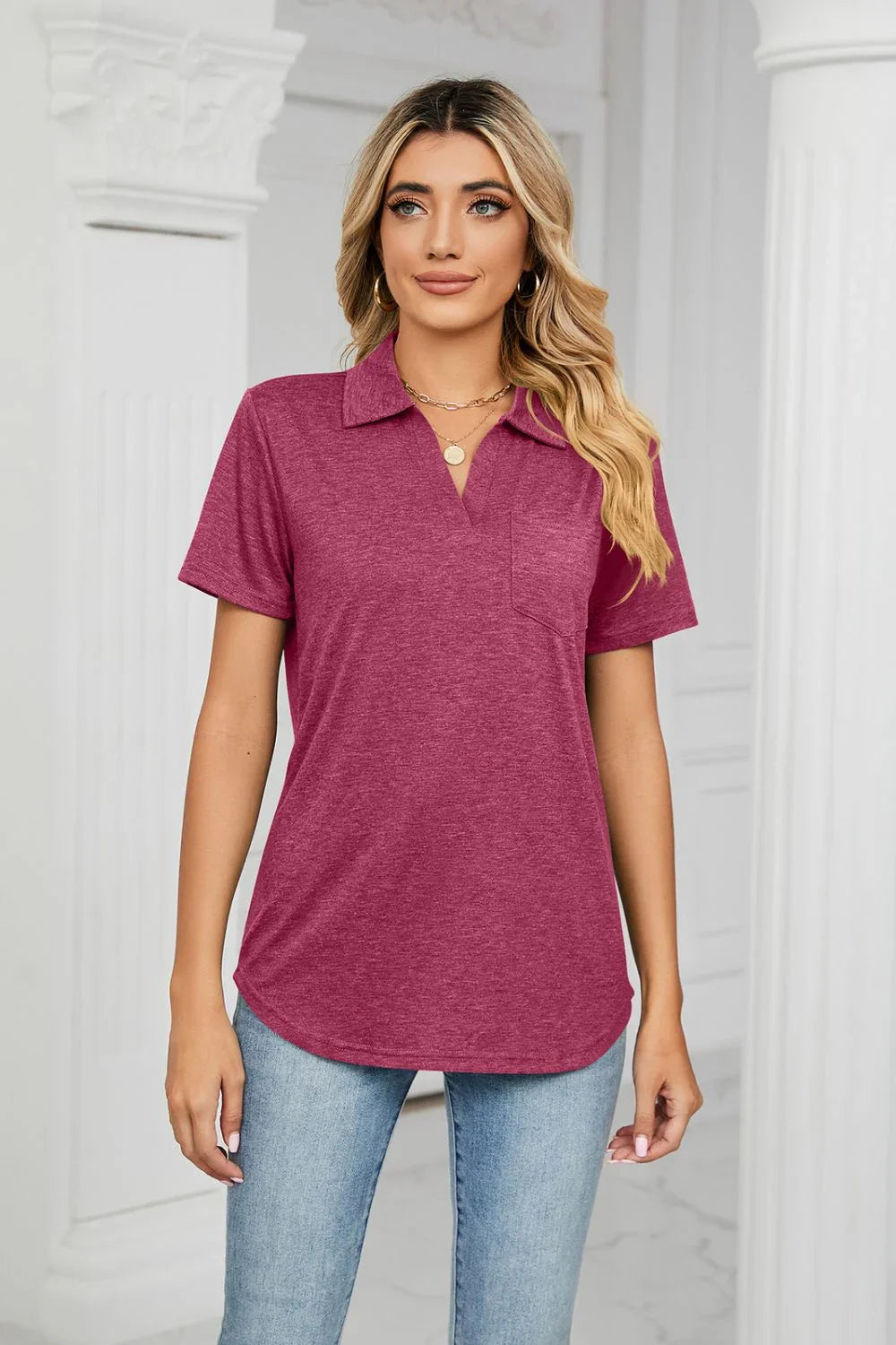 Curved Hem Johnny Collar Polo Shirt - VILLA FASHION