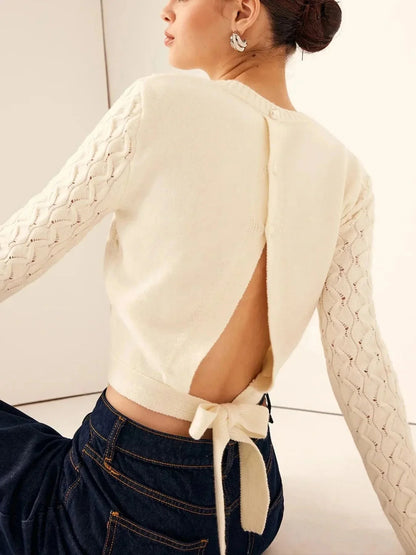 Cutout Bow Back Texture Round Neck Sweater - VILLA FASHION