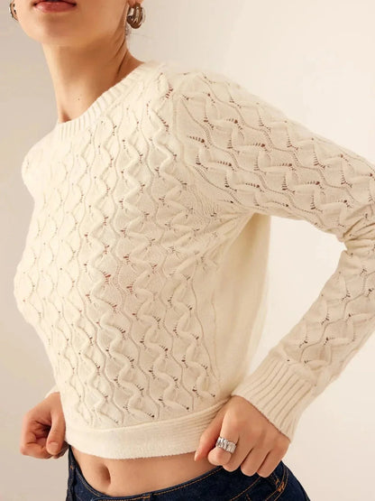 Cutout Bow Back Texture Round Neck Sweater - VILLA FASHION