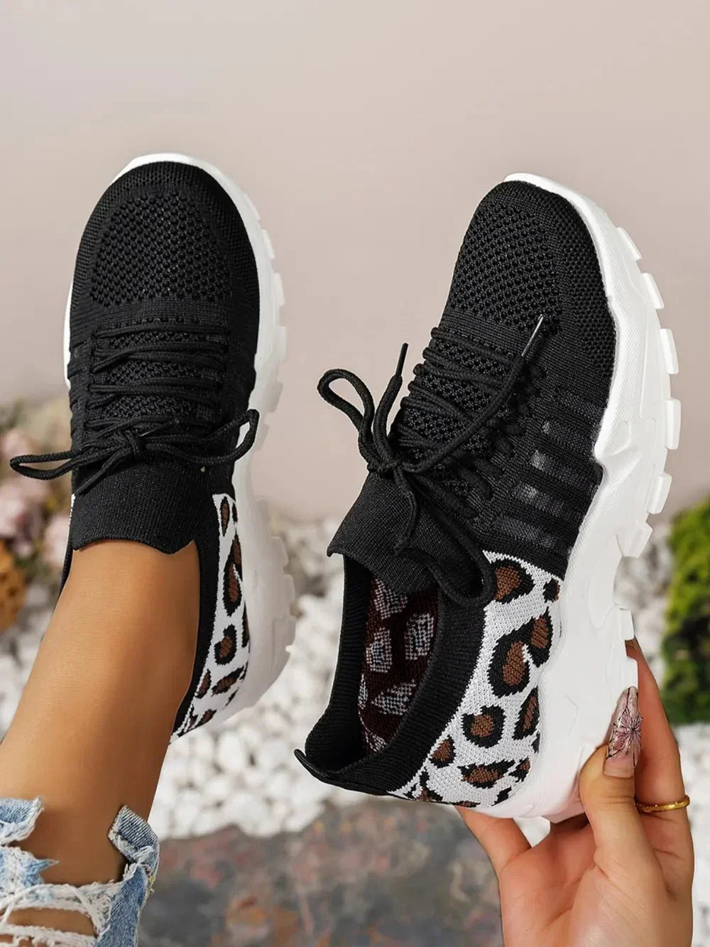 Cutout Leopard Lace Up Mesh Athletic - VILLA FASHION