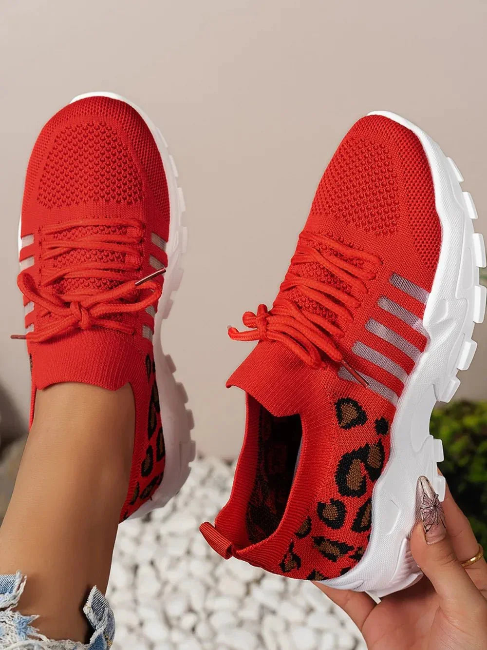 Cutout Leopard Lace Up Mesh Athletic - VILLA FASHION