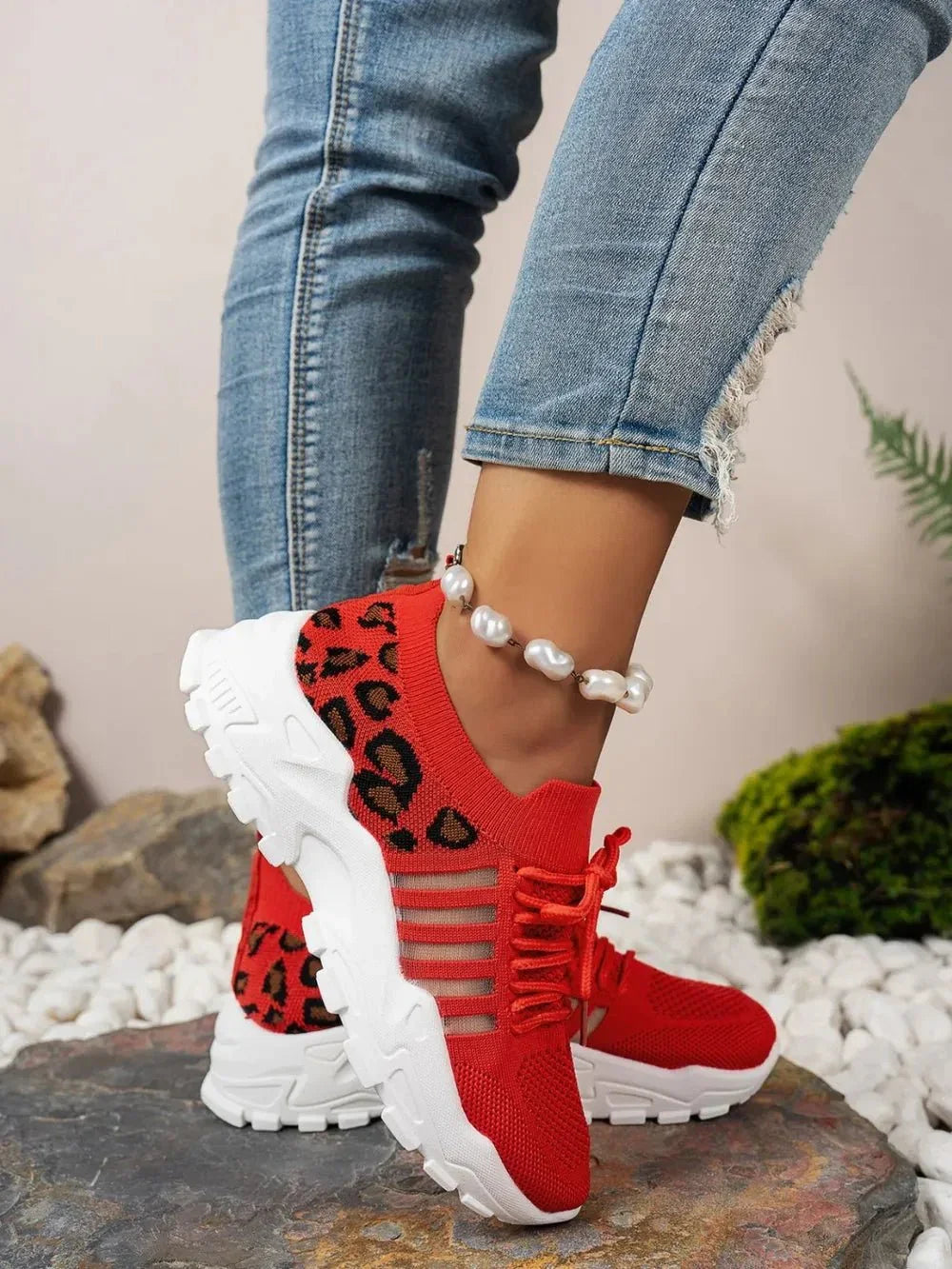 Cutout Leopard Lace Up Mesh Athletic - VILLA FASHION