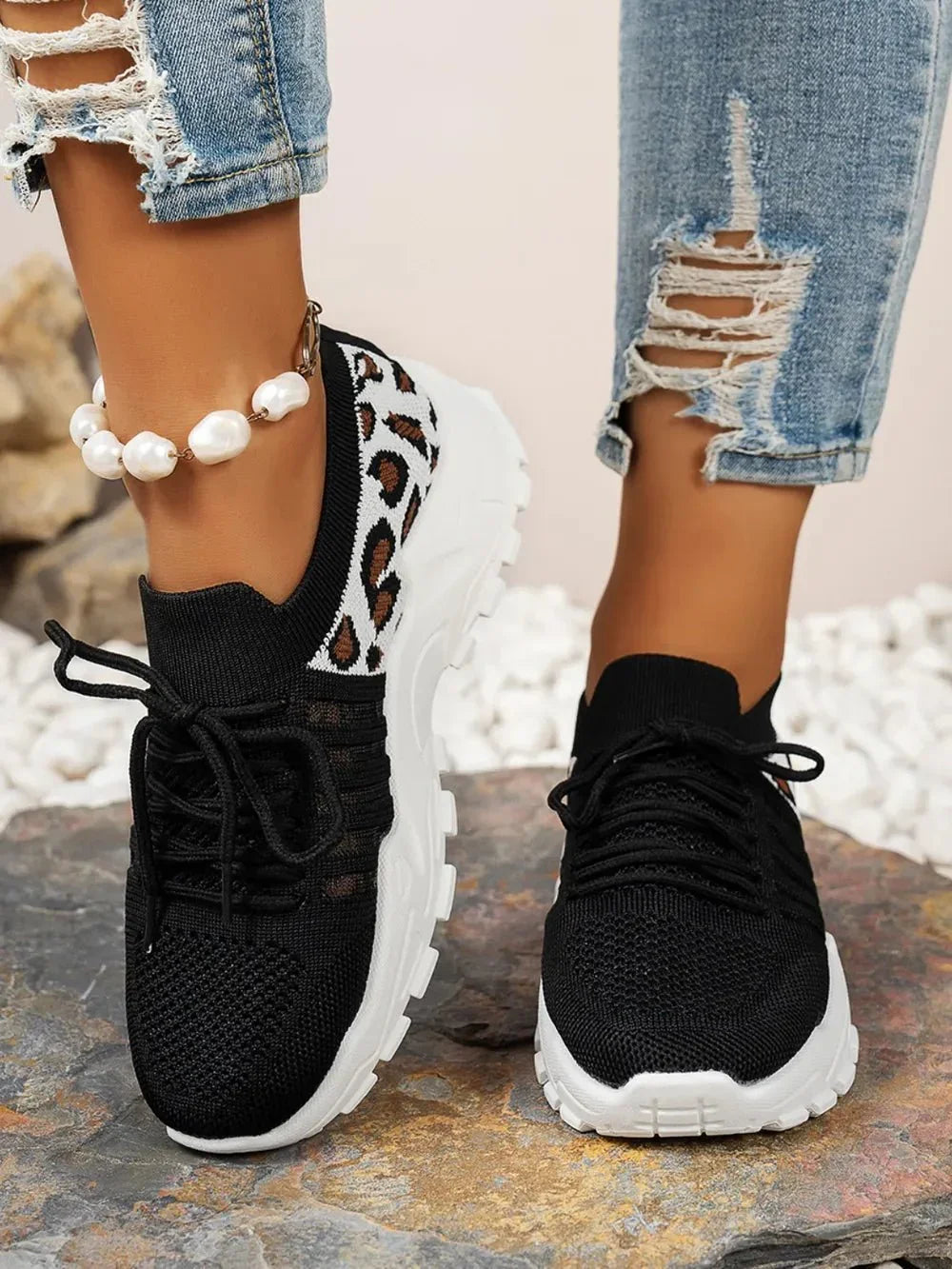 Cutout Leopard Lace Up Mesh Athletic - VILLA FASHION