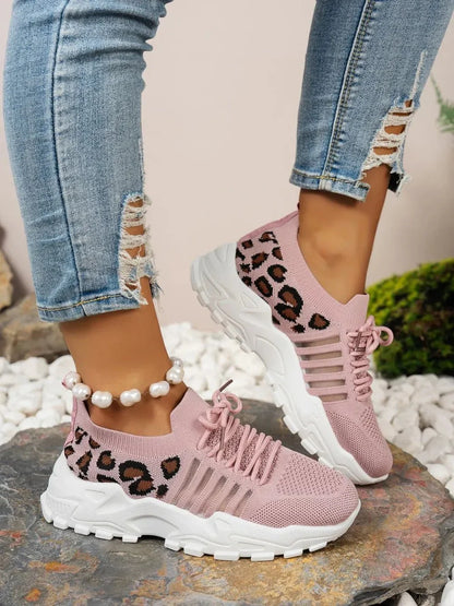 Cutout Leopard Lace Up Mesh Athletic - VILLA FASHION
