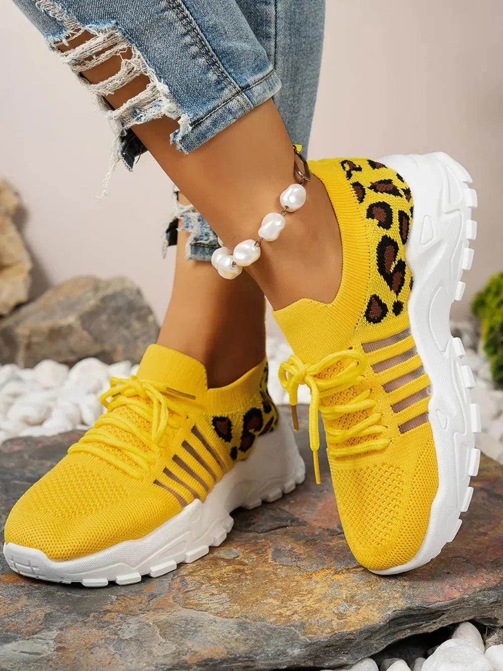 Cutout Leopard Lace Up Mesh Athletic - VILLA FASHION