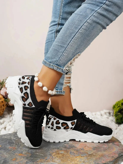 Cutout Leopard Lace Up Mesh Athletic - VILLA FASHION