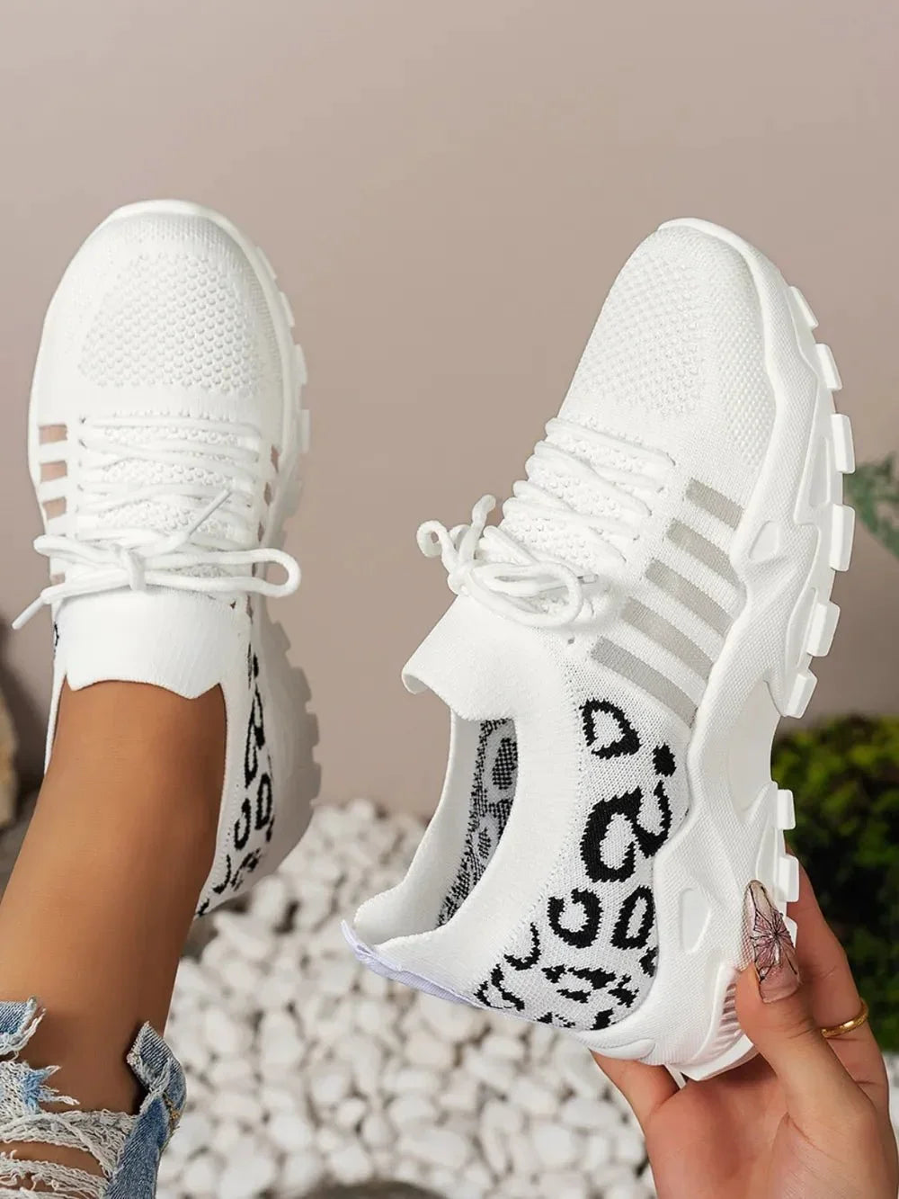 Cutout Leopard Lace Up Mesh Athletic - VILLA FASHION