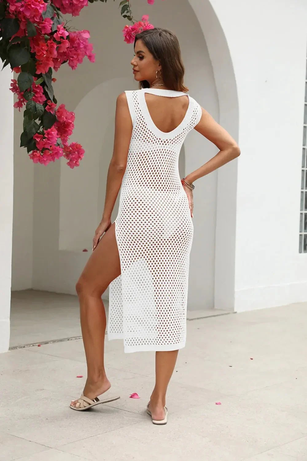 Cutout Openwork Round Neck Sleeveless Cover - Up - VILLA FASHION