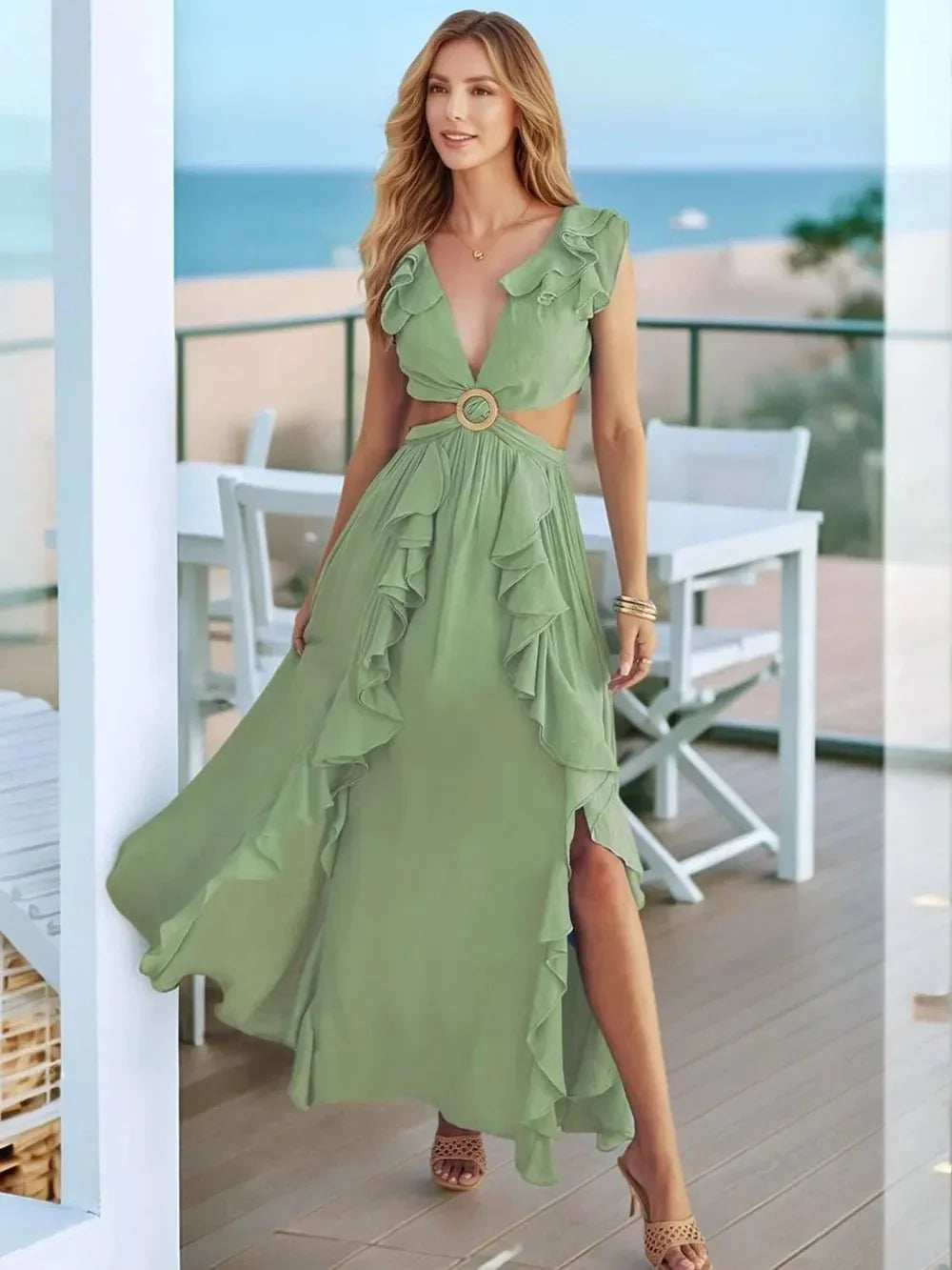 Cutout Ruffled Cap Sleeve Maxi Dress - VILLA FASHION