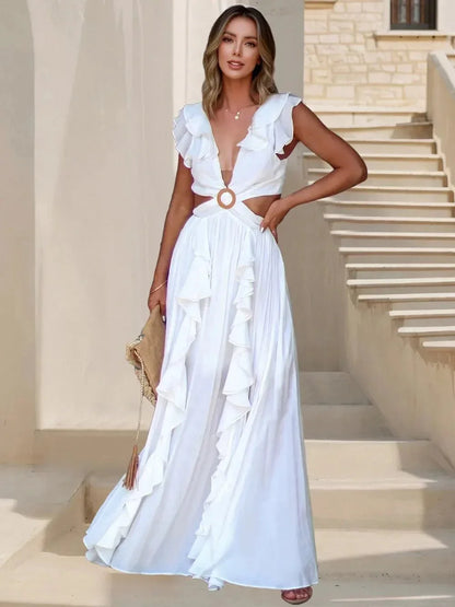 Cutout Ruffled Cap Sleeve Maxi Dress - VILLA FASHION