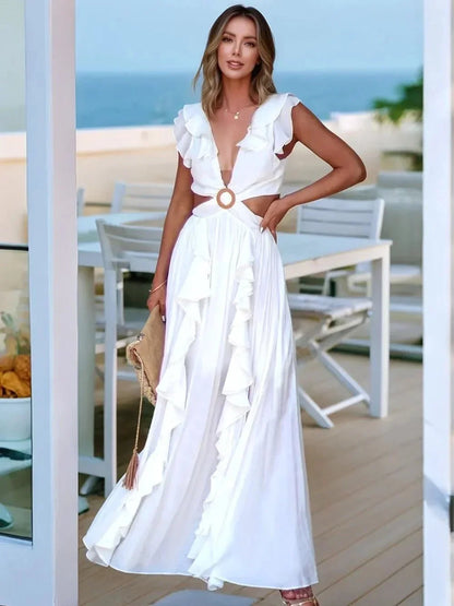 Cutout Ruffled Cap Sleeve Maxi Dress - VILLA FASHION