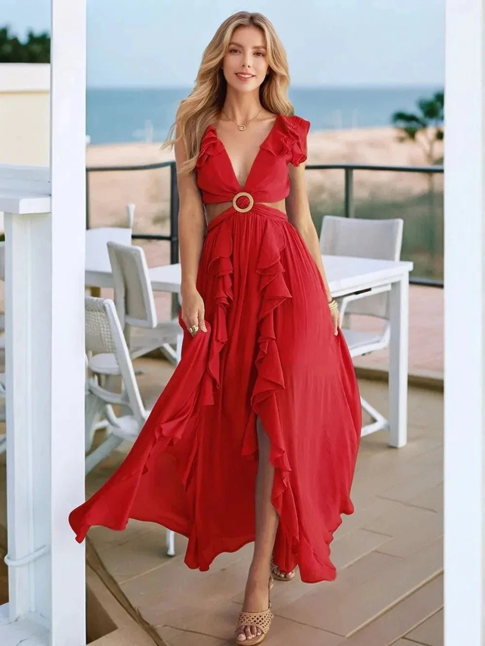 Cutout Ruffled Cap Sleeve Maxi Dress - VILLA FASHION