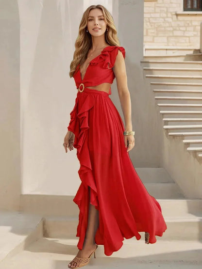 Cutout Ruffled Cap Sleeve Maxi Dress - VILLA FASHION