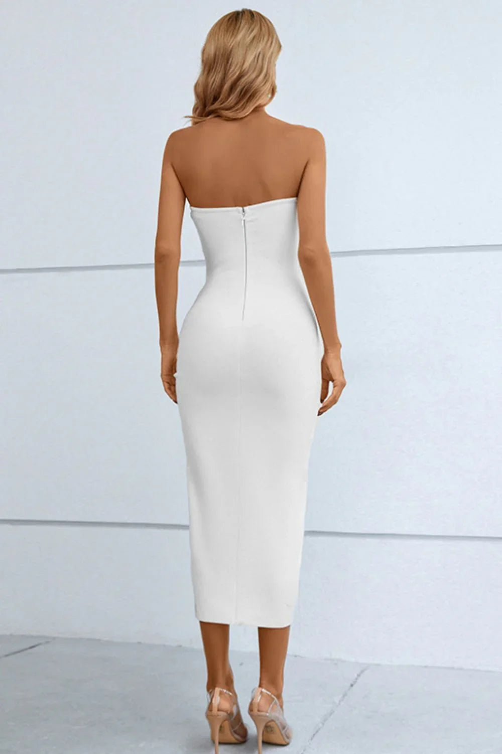 Cutout Strapless Drawstring Detail Split Bandage Dress - VILLA FASHION