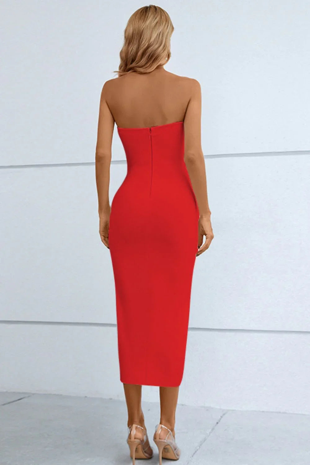 Cutout Strapless Drawstring Detail Split Bandage Dress - VILLA FASHION